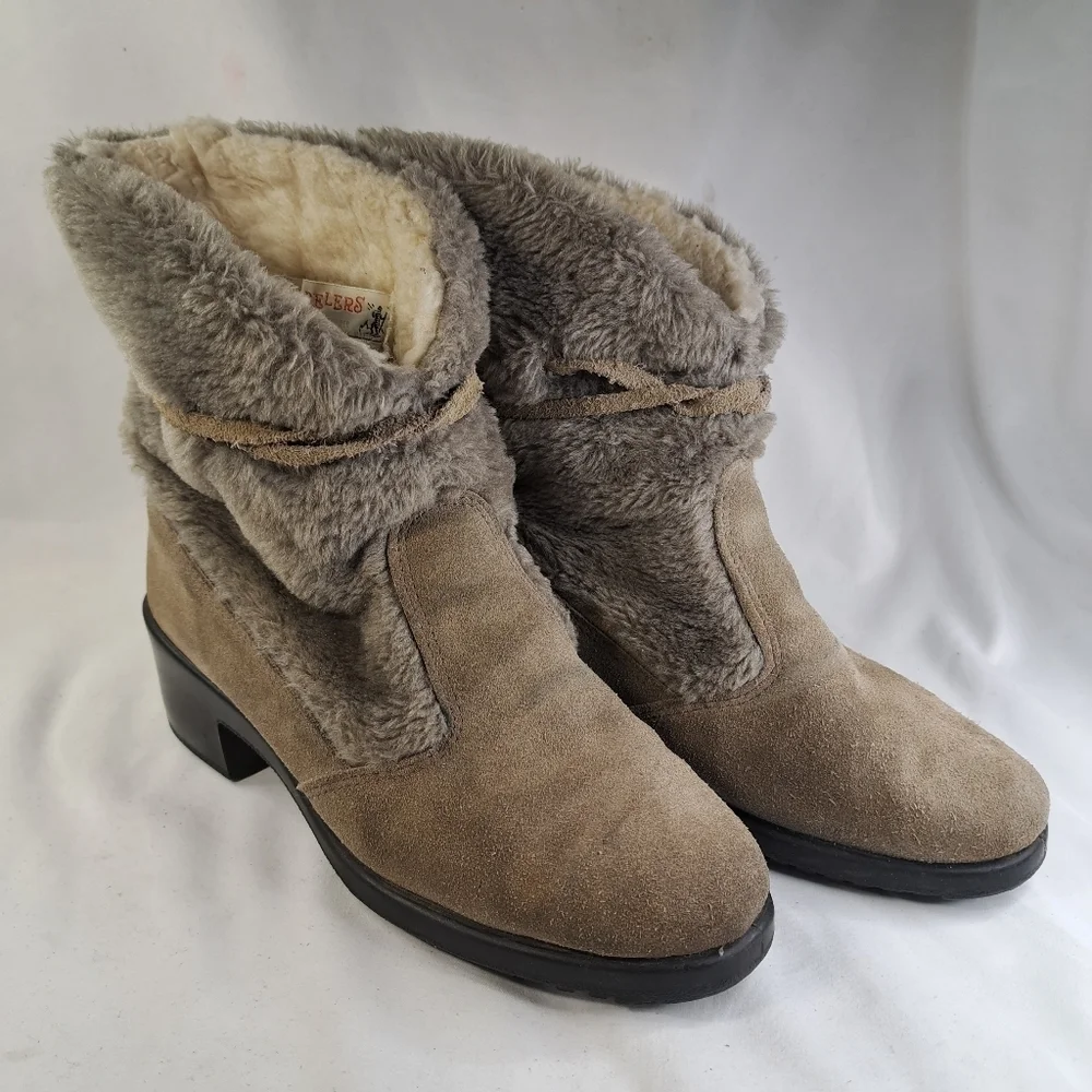𝅺yodelers Vintage Tan & Gray Cold Weather Boots Women's Size 7.5